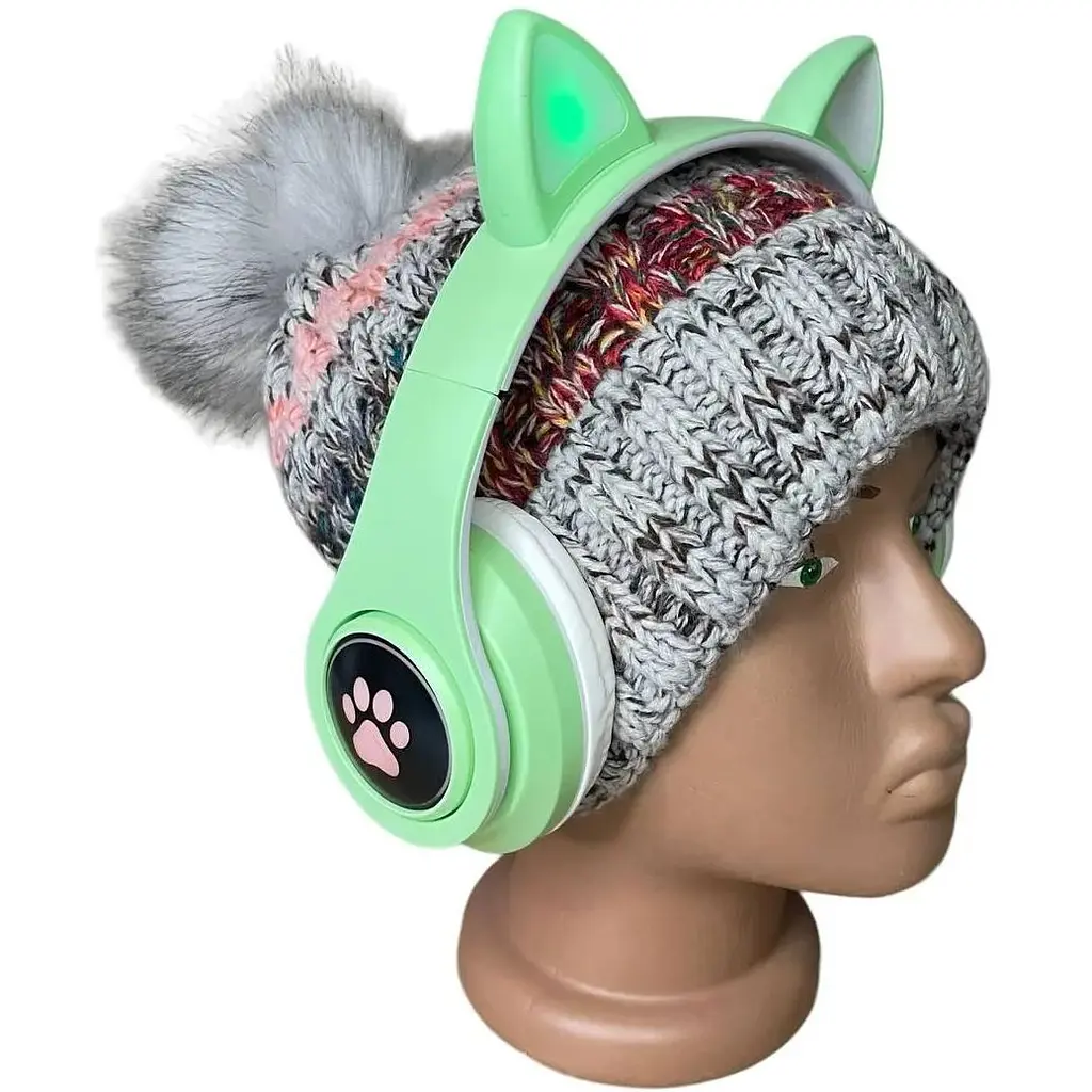 Навушники дитячі Opt-Top Cat ear В39М підсвічування/FM-радіо/MicroSD/Bluetooth м'ятні (1756375769) - фото 4