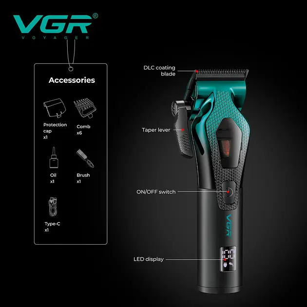 Машинка для стрижки аккумуляторная VGR V-271 8000-11000 RPM LED дисплей (6 насадок) - фото 3