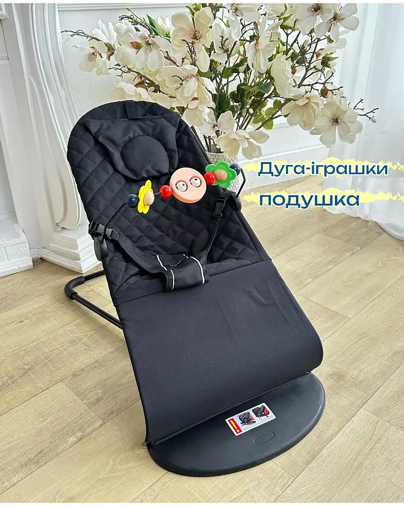 Дитячий шезлонг з подушкою та дугою заколисуючий центр для новонароджених дітей Сolombokid чорний в клітинку (BL-B) - фото 2