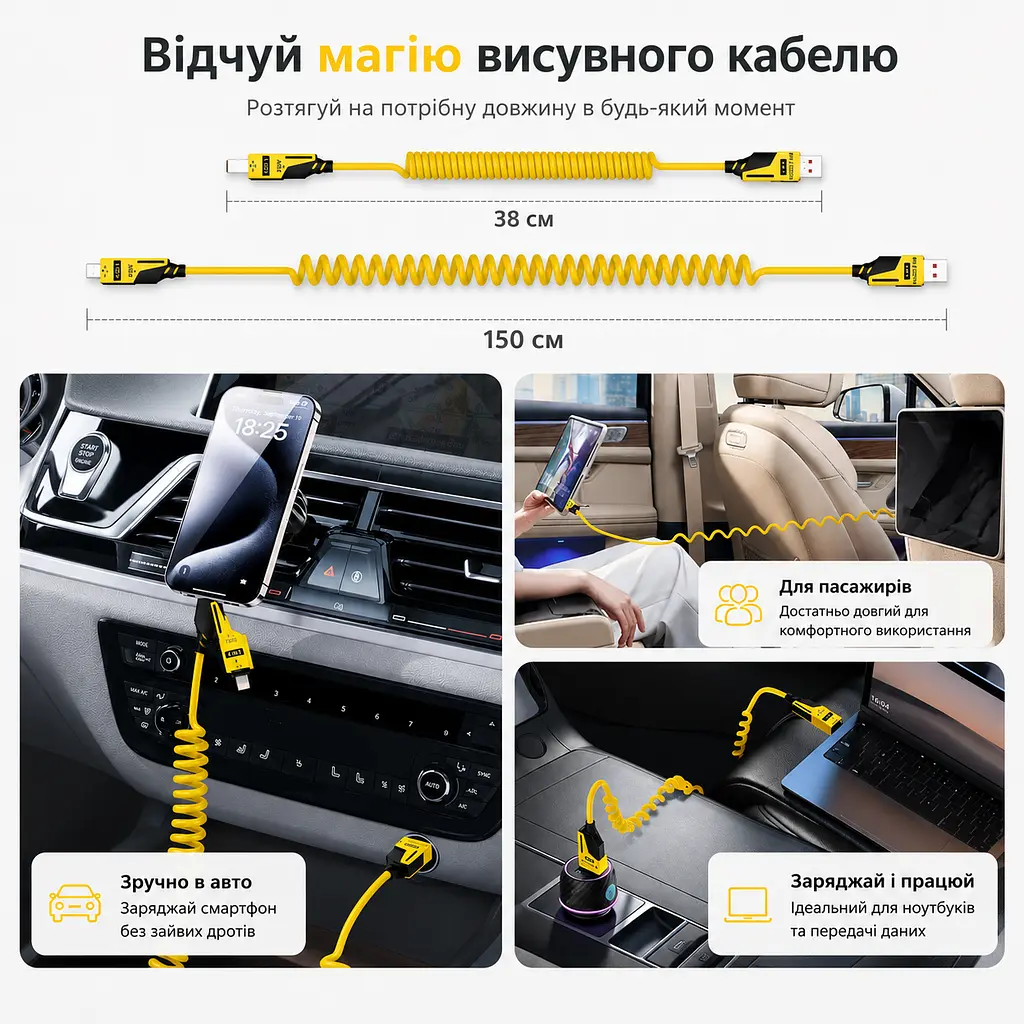 Кабель XON SmartCable Type-C/Type-A - Type-C/Lightning PD 65W 1.5м MultiLink (SC5ACL6W1Y 4593) Жовтий - фото 9