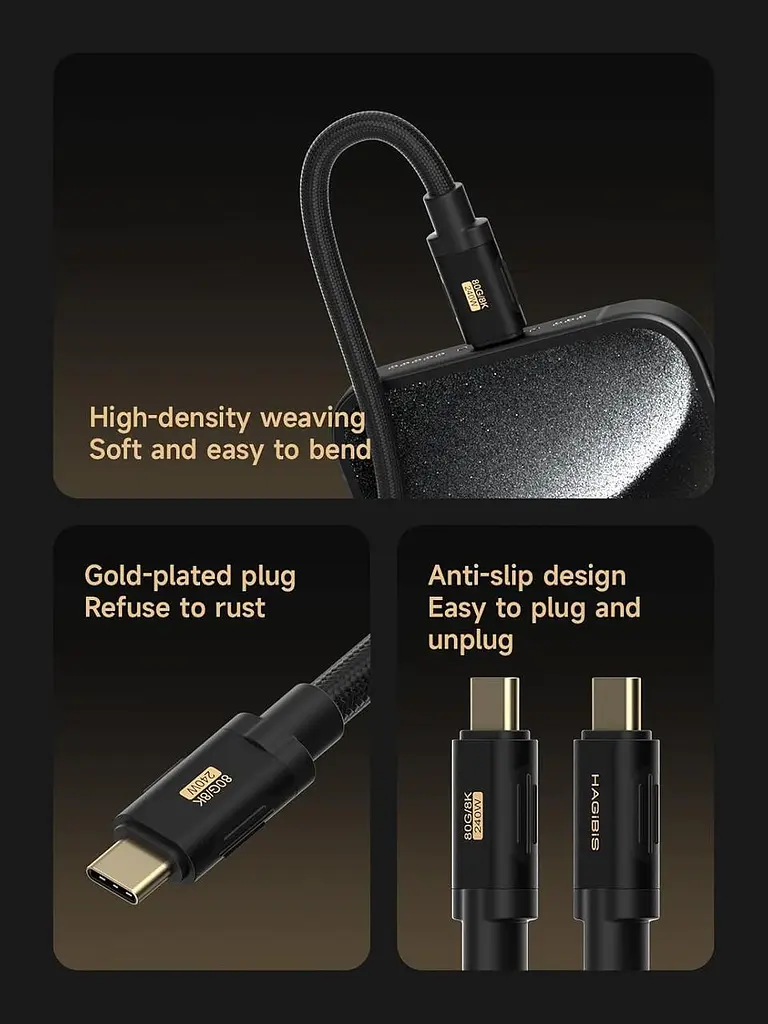 Кабель USB4 Thunderbolt 5 HAGiBiS Type-C 120Gbps 240W Black Soft 1 метр - фото 6