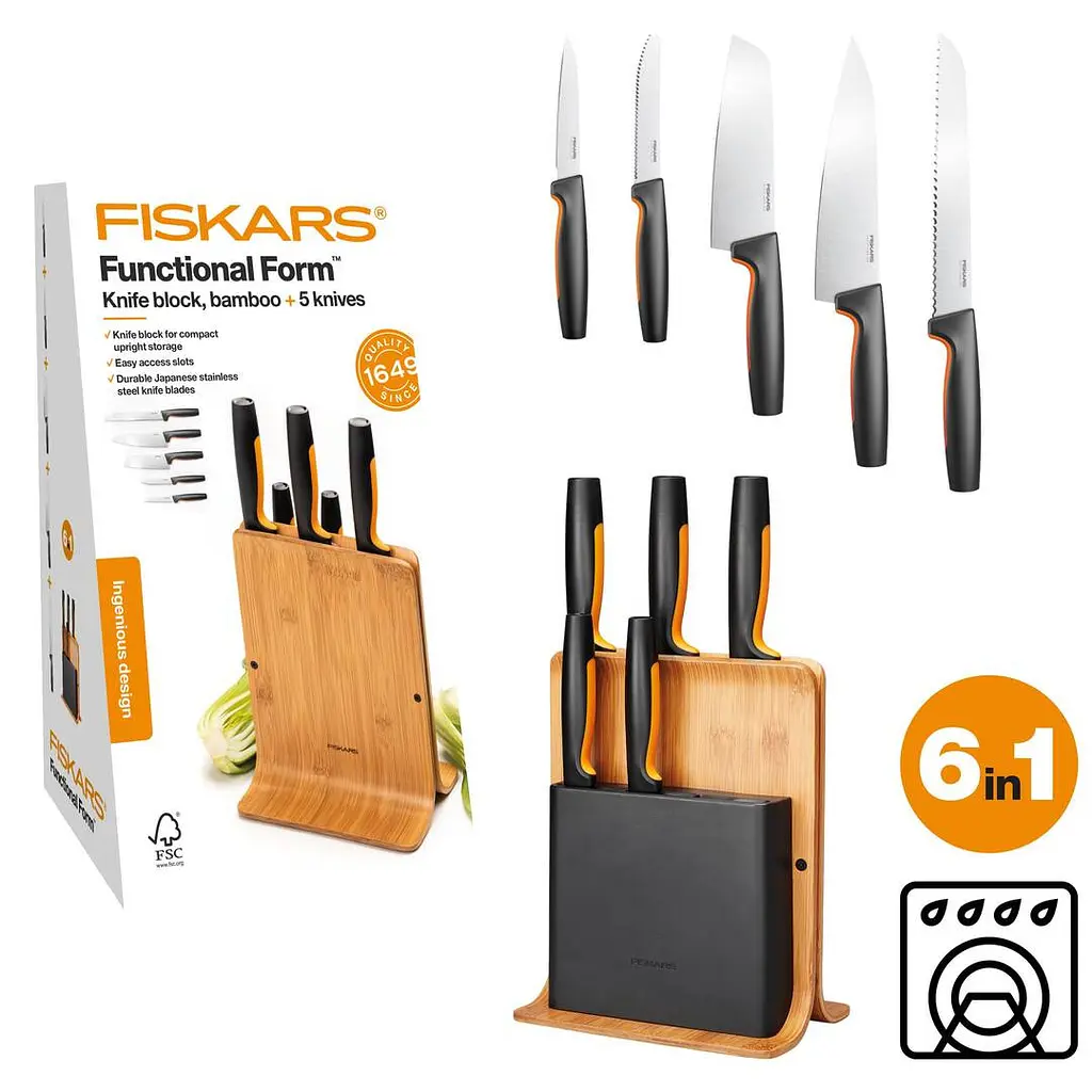 Набір кухонних ножів з бамбуковим блоком Fiskars Functional Form ™ 5 шт 1057552 - фото 3