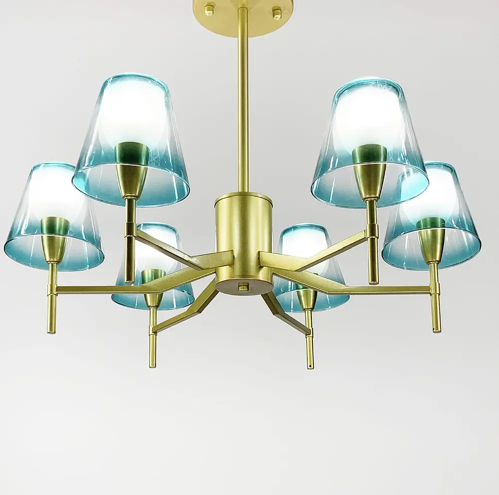 Потолочная люстра в золотом каркасе с бирюзовыми плафонами Line.F Количество ламп 6 - фото 4