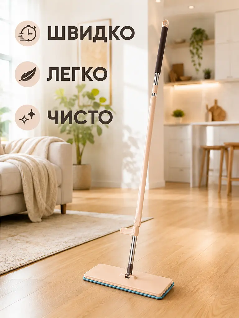 Швабра з віджимом ледарка телескопічна з мікрофіброю бежева (49675973) - фото 8