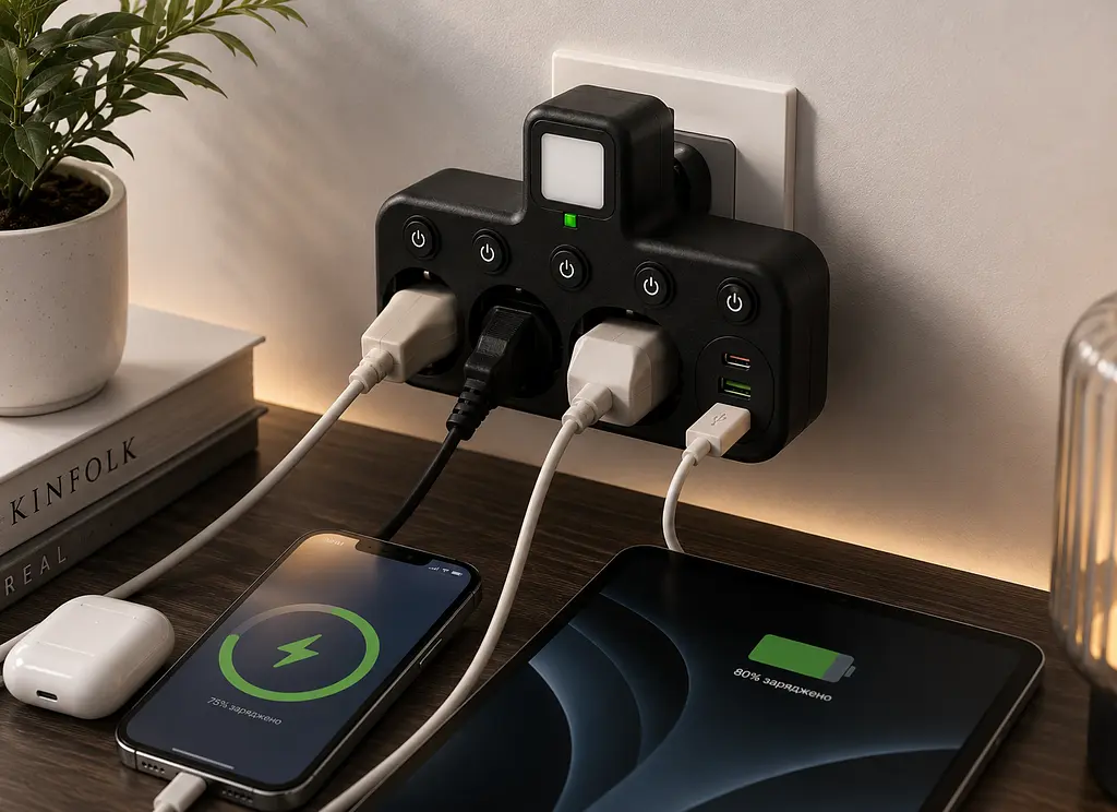 Мережевий фільтр з підсвічуванням 3 розетки, 2500 Вт (2хUSB + Type-C) / Мережевий трійник / Адаптер в розетку - фото 3