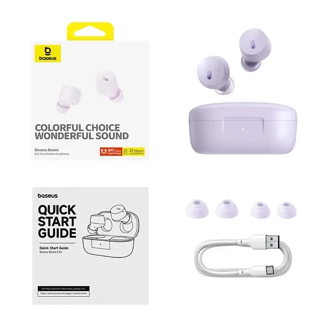 Беспроводные наушники Baseus Bowie E18 True Wireless Earphones, IPX4, ENC, BT5.3, 40 mAh, 300 mAh, 7.5h, Purple A00023800533-00 - фото 6