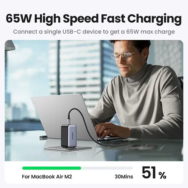 Зарядное устройство блок питания 3 порта Ugreen Nexode 65 W GaN II 2*Type-C + 1*USB (2C1A) 8823366 - фото 8