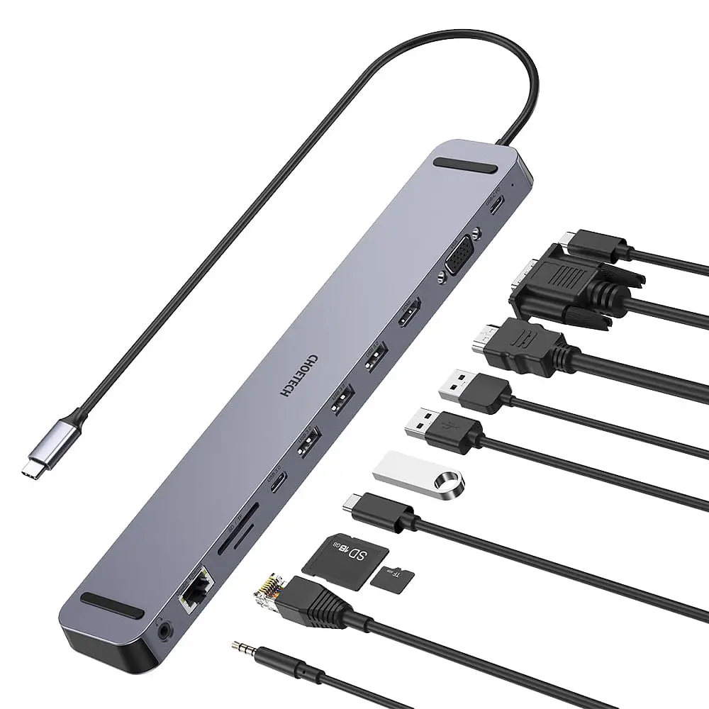 USB-C хаб 11-в-1 Choetech M20 HDMI 4K\30Hz, VGA, 3 USB-A 3.0, USB-C 3.0, RJ45, USB-C PD, SD-card, TF-card, 3.5mm audio (43-00154) - фото 3