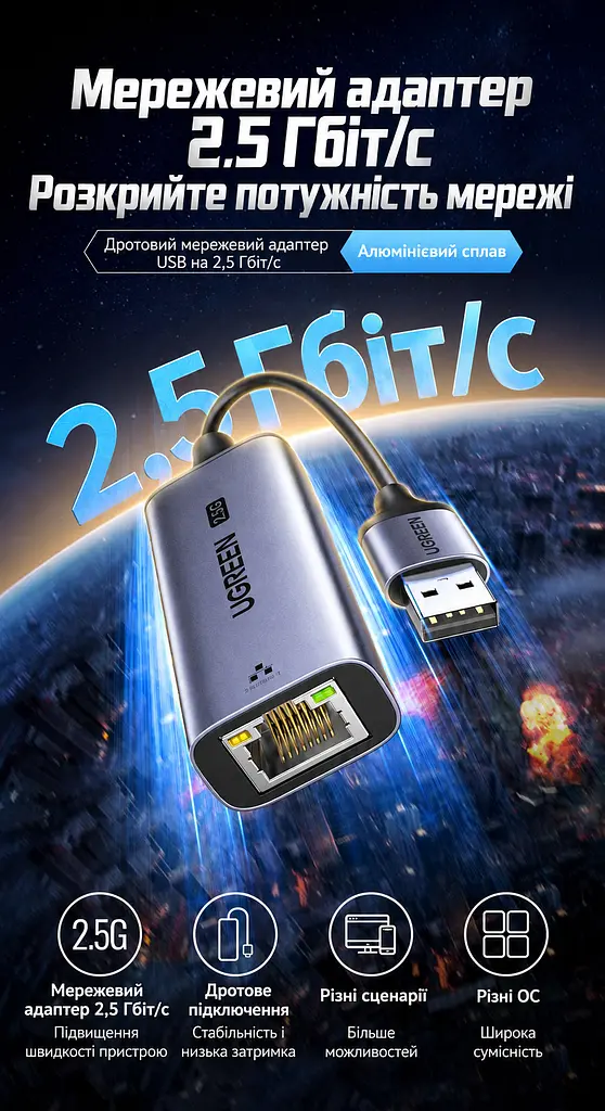Мережевий адаптер Ethernet UGREEN CM648 зовнішня мережева карта штекер USB-A 3.0 на порт RJ45 до 2,5 Гбіт/с автоузгодження швидкості з підтримкою мереж 10/100/1000 Мбіт/с для Windows і macOS та Linux Wake-on-LAN за ввімкнення функції в BIOS LED-індикація підключення й активності живлення від USB без окремого блока живлення Auto MDI-X захист від короткого замикання та імпульсних перенапруг алюмінієвий корпус для відведення тепла контролер RTL8156BG космічний сірий (25051) - фото 12
