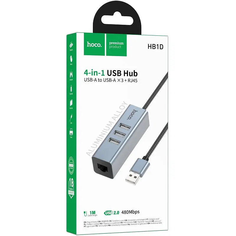Перехідник HUB Hoco HB1D USB to USB2.0*3+RJ45 Metal gray - фото 2