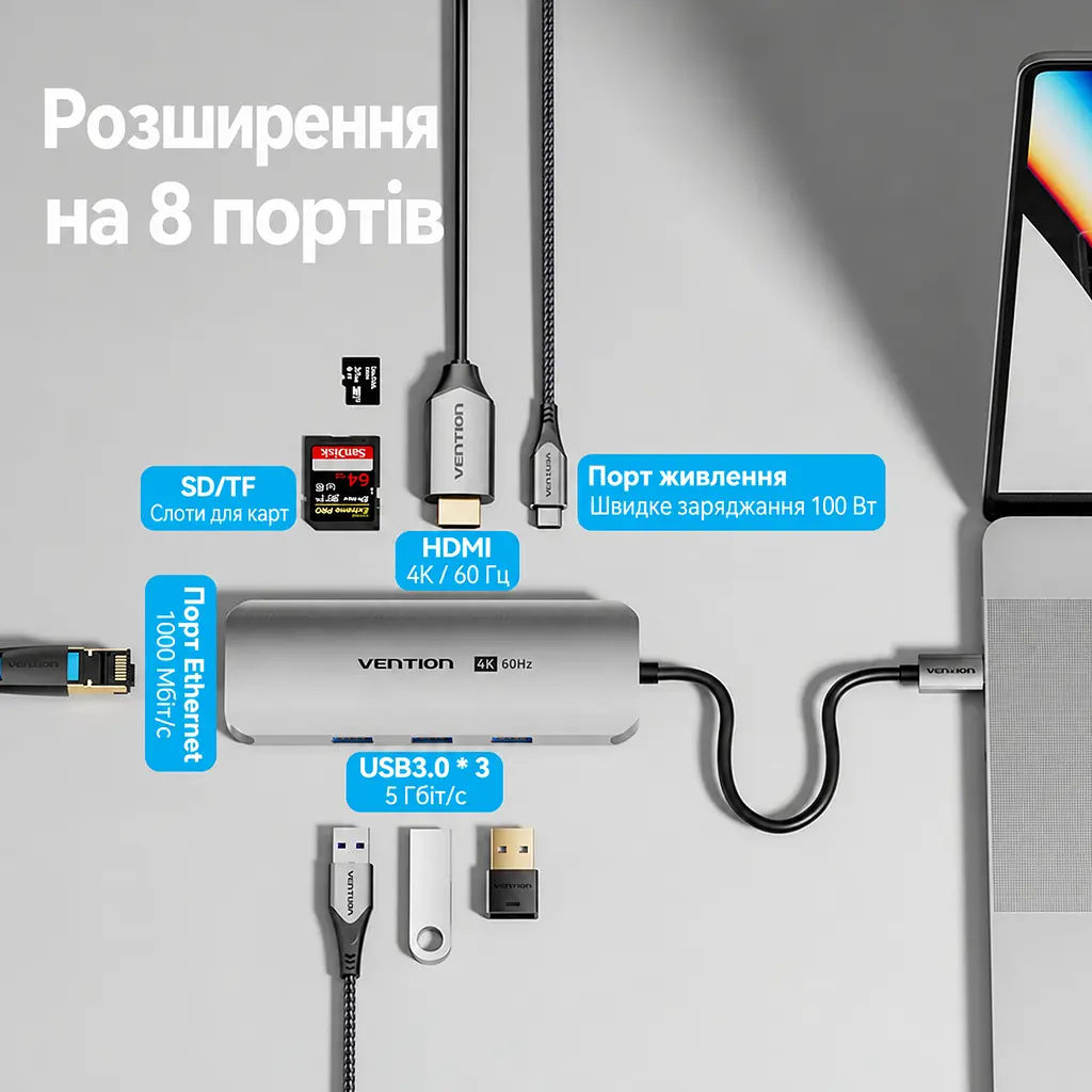 Док-станція USB-C хаб Vention 8-в-1 HDMI до 4K 60 Гц 3 USB 3.0 для даних до 5 Гбіт/с Gigabit Ethernet RJ45 до 1000 Мбіт/с SD/TF читання або запис лише однієї карти за раз вхід PD для зовнішнього живлення й наскрізного заряджання хоста до 100 Вт потрібні блок живлення USB-C PD на вході PD та підтримка PD хостом HDMI потребує USB-C хоста з DP Alt Mode сумісність із Thunderbolt 3/4 вбудований кабель USB-C 0,15 м сірий (TQKHB) - фото 3