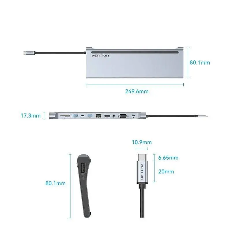 Док-станція USB3.1 Type-C - HDMI/VGA/USB3.0x3/RJ45/SD/TF/TRRS 3.5mm/PD 100W Vention 11in1 (THTHC) - фото 6
