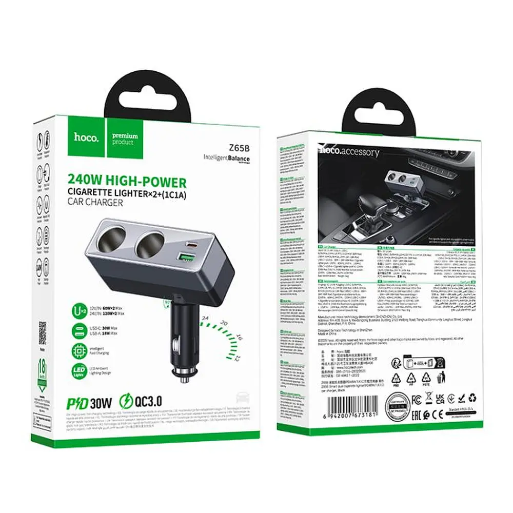 АЗУ Hoco Z65B Smart dual cigarette lighter(PD48W/1A1C) car charger Black - фото 2