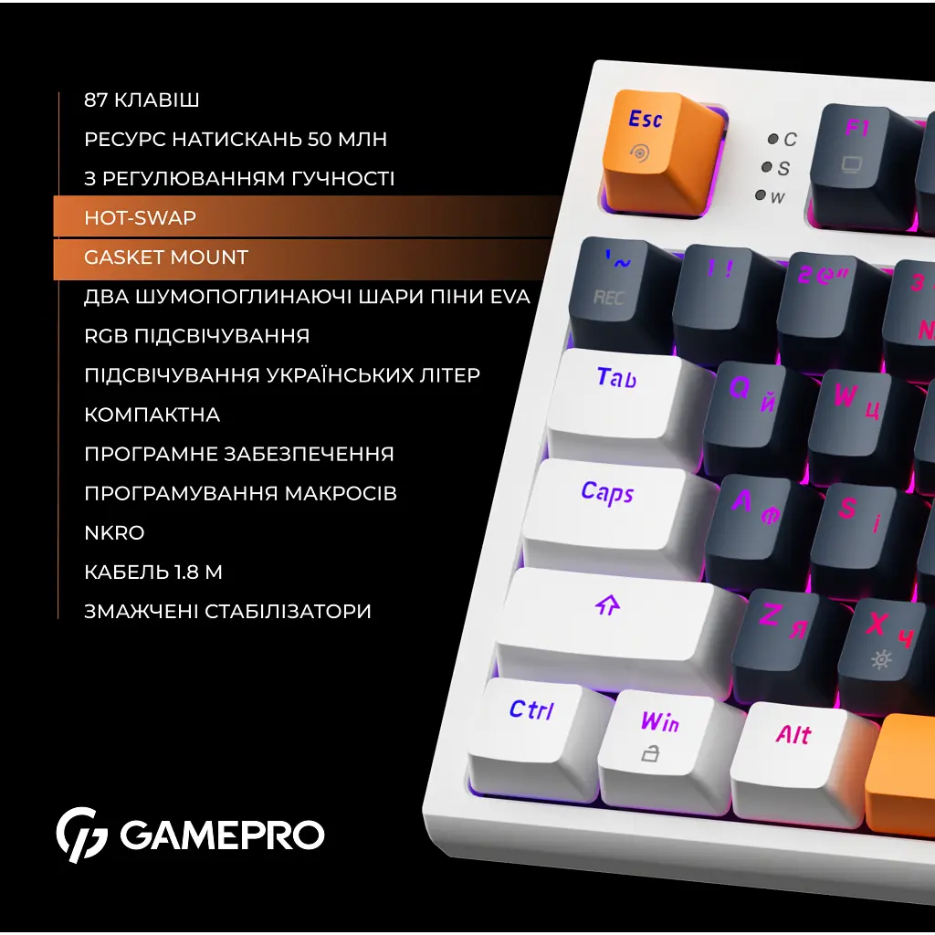 Клавіатура GamePro MK180W Hot-Swap Red Swich RGB USB UA White (MK180W) - фото 8