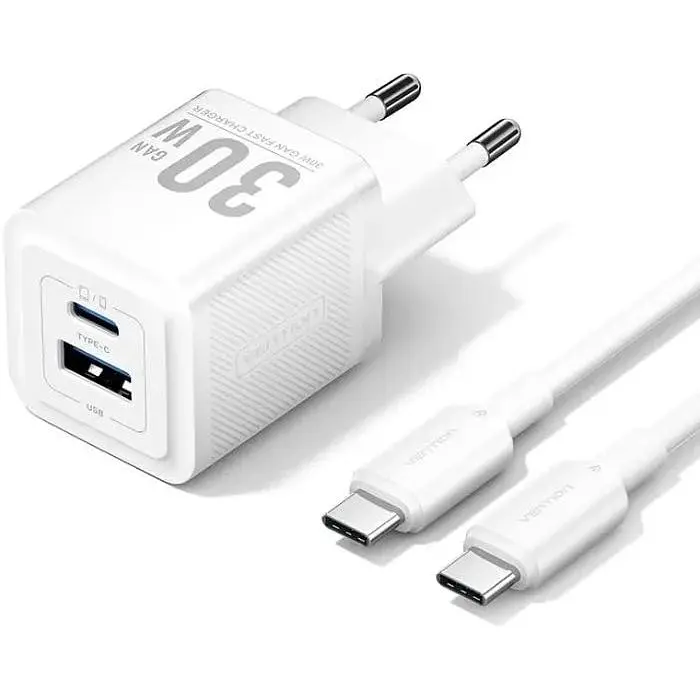 Зарядний пристрій 2xUSB 30W (USB-A/USB-C) + USB-C cable М-М White Vention (TZ-FEQW0-EU-01) - фото 5