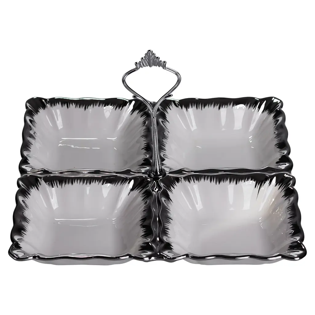 Менажница фарфоровая на 4 секции для закусок тарелка менажница 22.5×22.5×3 (см) с ручкой Белый с серебром Yiwu LC-BYL-101-S - фото 3