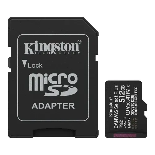 Карта пам'яті microSDXC, 512Gb, Canvas Select Plus, Class 10 UHS-I U3 V30 A1 Kingston teh0028478