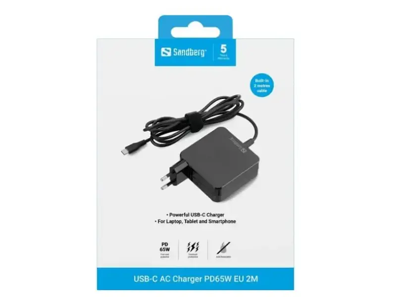 Мережевий зарядний пристрій Sandberg 1xUSB 65 W (USB-C) Gan, built in cable 2 m Black (135-79) - фото 2