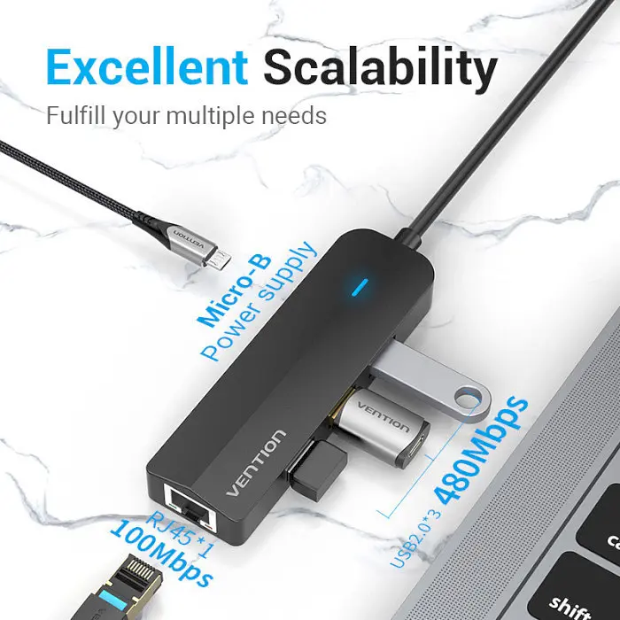 Usb-хаб Vention Usb-C to Usb 3.0x3 / RJ45 / Micro-B Hub 0. 15M чорний ABS Type - фото 3