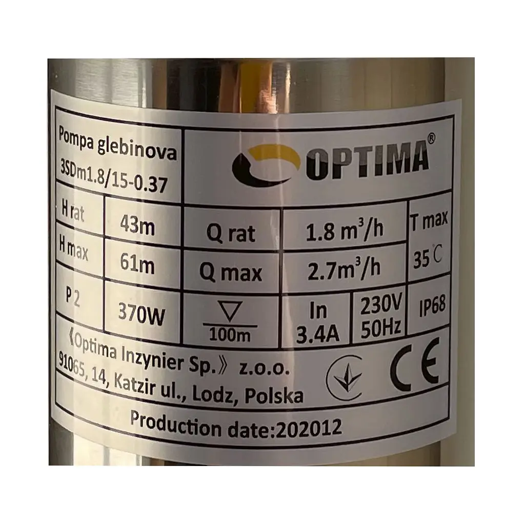 Насос свердловинний з підв, стійк, до піску 3″ Optima 3SDm1,8/15 0,37 кВт 61м + пульт+кабель1,5мNEW 000021397 - фото 2