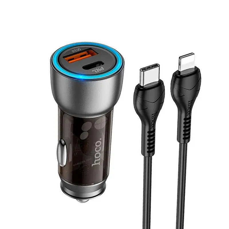 Адаптер автомобильный HOCO Type-C Lightning cable Sprinter dual port car charger NZ8 1USB/1Type-C, QC/PD, - фото 2