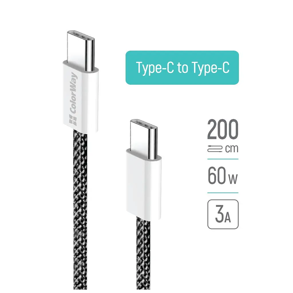 Дата кабель USB-C to USB-C 2.0m (braided cotton) (PD Fast Charging 60W) 3.0А black ColorWay (CW-CBPDCC068-BK) - фото 8