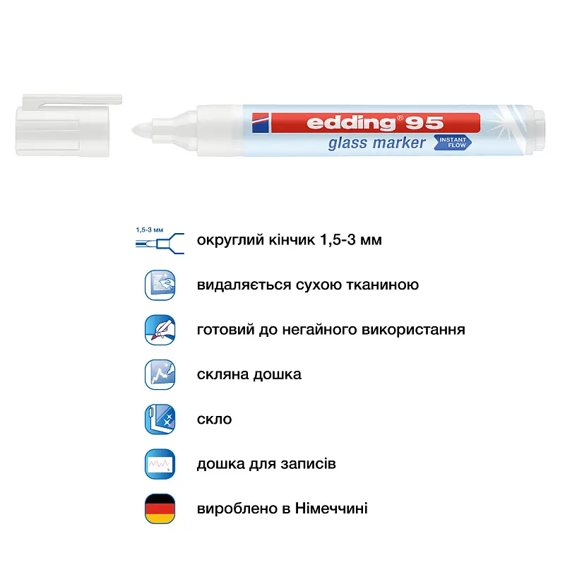Маркер Edding Glass e-95, 1.5 – 3 мм, круглий, білий (e-95/49) - фото 4
