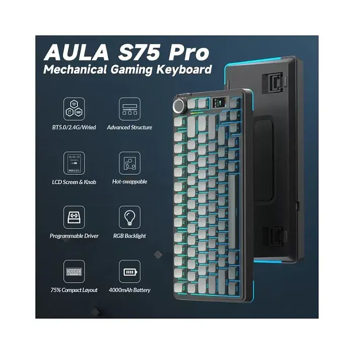Механічна бездротова клавіатура AULA S75 Pro / 75% / Три режими підключення / Seyia Switch / Black - фото 3