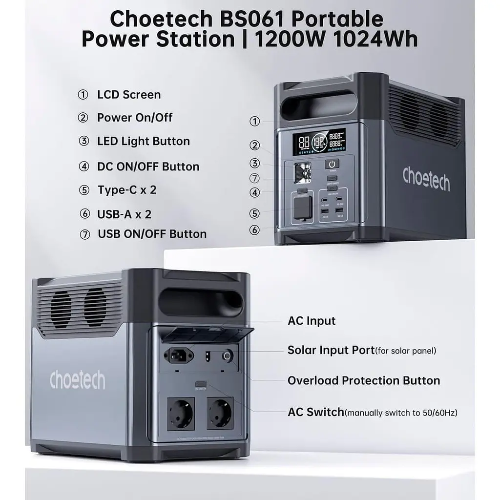 Зарядна станція Choetech / 1200 Вт / 1024 Вт/ч / LiFePO4 (BS061) UA - фото 7