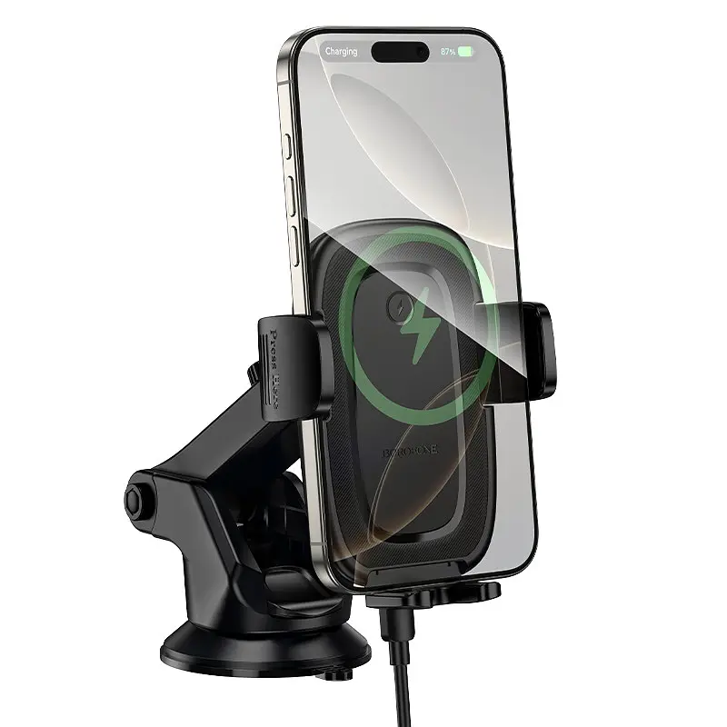 Автотримач для телефона з БЗП Borofone BH223 Follower push-type wireless fast charging car holdercenter console - фото 3
