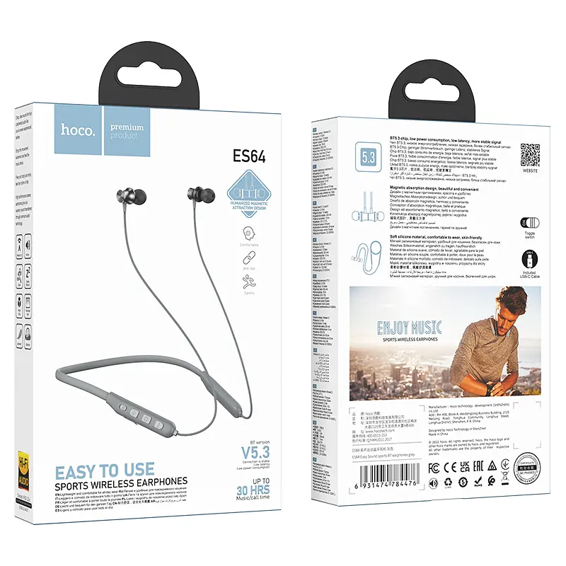 Бездротові спортивні навушники HOCO ES64 Easy Sound sports BT earphones Grey - фото 3
