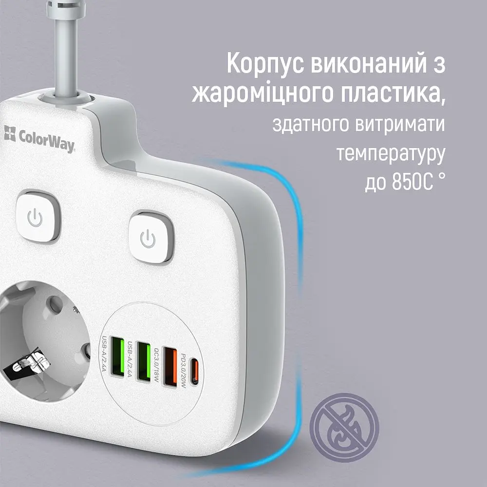 Мережевий фільтр СolorWay 2 розетки / 3USB / 1xTYPE-C White (CW-CHE24PDW) - фото 11