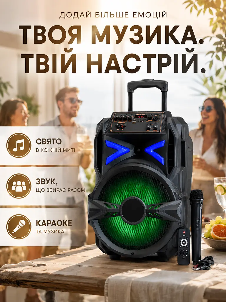Портативна колонка валіза 12″ PMPO 3000 Вт з мікрофоном, пультом і LED чорна (49676162) - фото 9