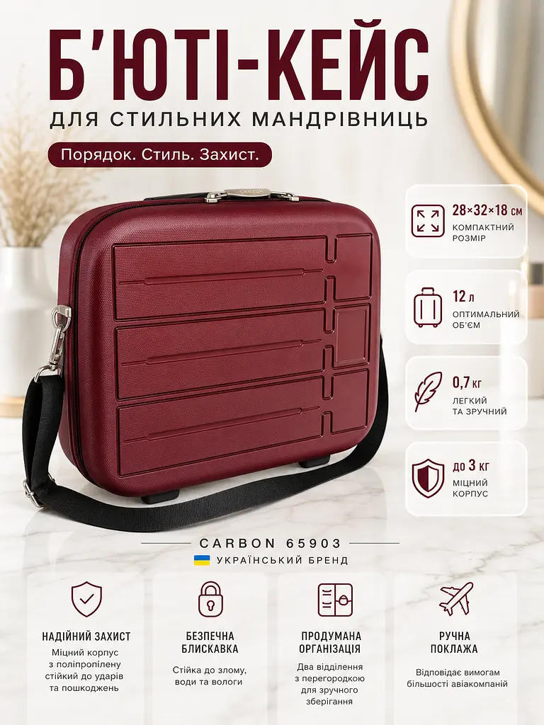 Бьюті-кейс Carbon 65903 поліпропілен 28х32х18 см 12 л Бордовий - фото 3