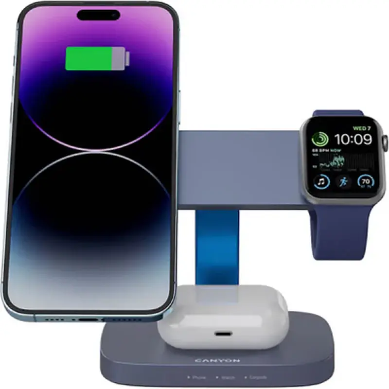 Зарядний пристрій Canyon wireless charger HEXAGON WCS-310 3in1 DarkGrey/Blue (CNS-WCS310DGBL) - фото 5