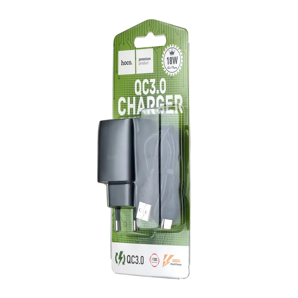 Сетевое зарядное устройство Hoco C72Q Glorious single port QC3.0 charger set ( Type-C ) ( EU ) Черный - фото 2