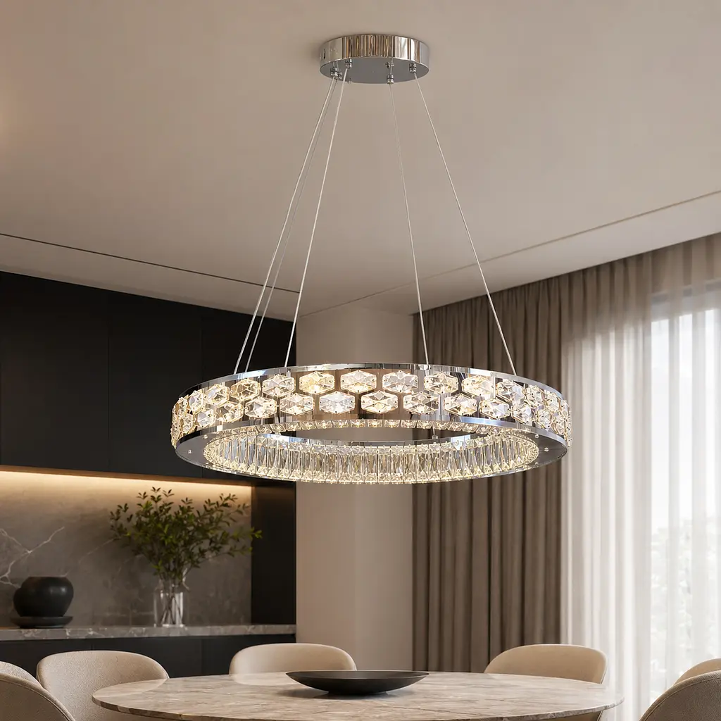 Світлодіодна люстра підвісна Artlight 8220-600CH з круглим кришталевим корпусом в кольорі хром, 89W