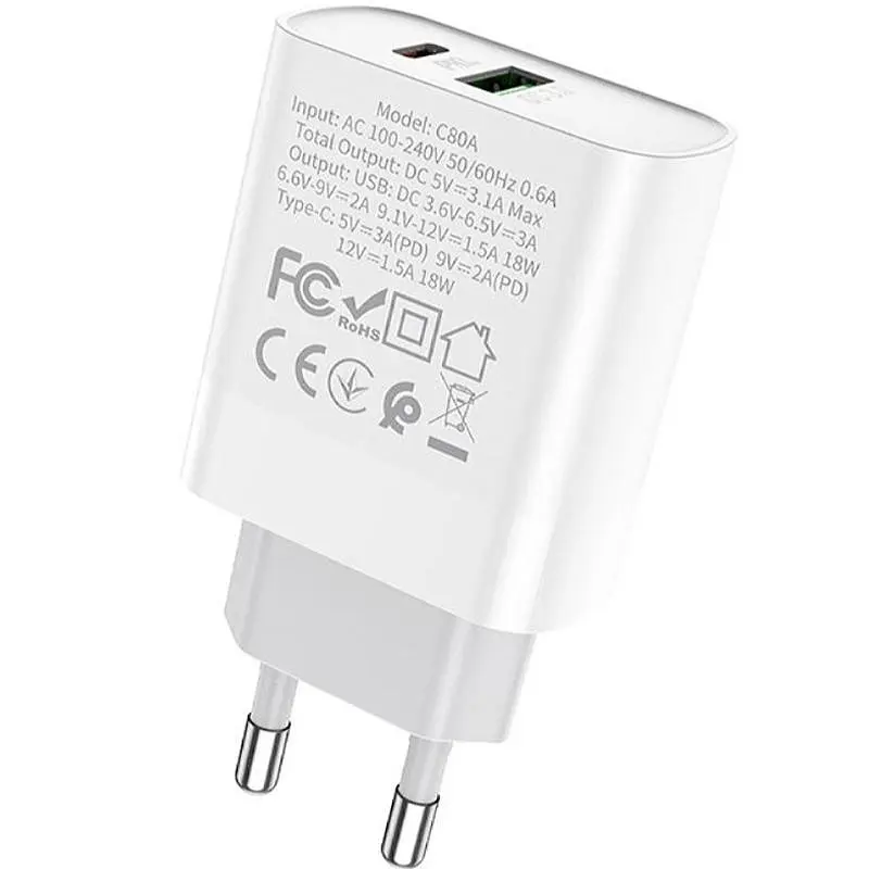 Зарядний пристрій Hoco 1USB C80A +Type-C QC3.0 3.1A White - фото 3