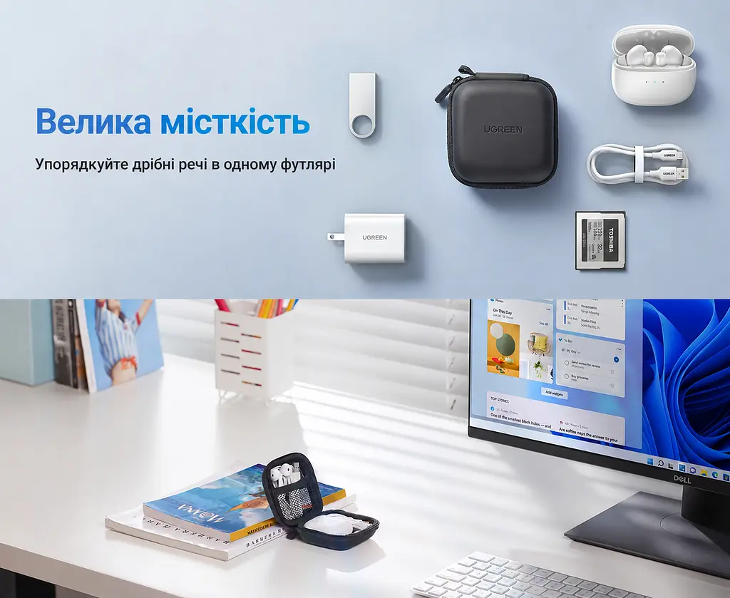 Футляр для мелких гаджетов UGREEN LP128 кейс для наушников ударопрочный и влагостойкий с карабином для крепления к сумке или рюкзаку внутренний сетчатый карман на молнии жёсткий корпус EVA с мягкой внутренней подкладкой внешний размер 80 × 80 × 40 мм чёрный (40816) - фото 8