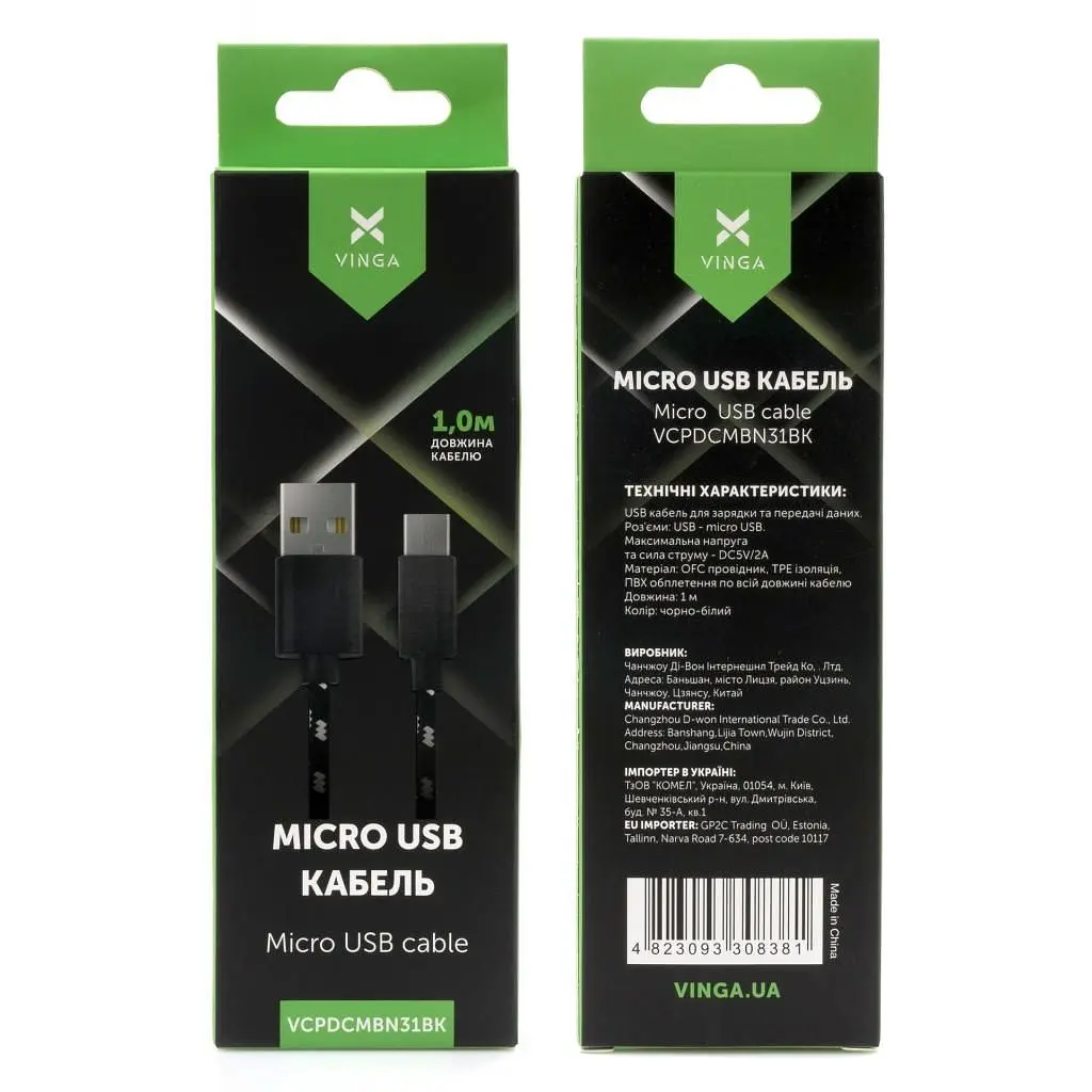 Дата кабель USB 2.0 AM to Micro 5P 2color nylon 1m black Vinga (VCPDCMBN31BK) - фото 3