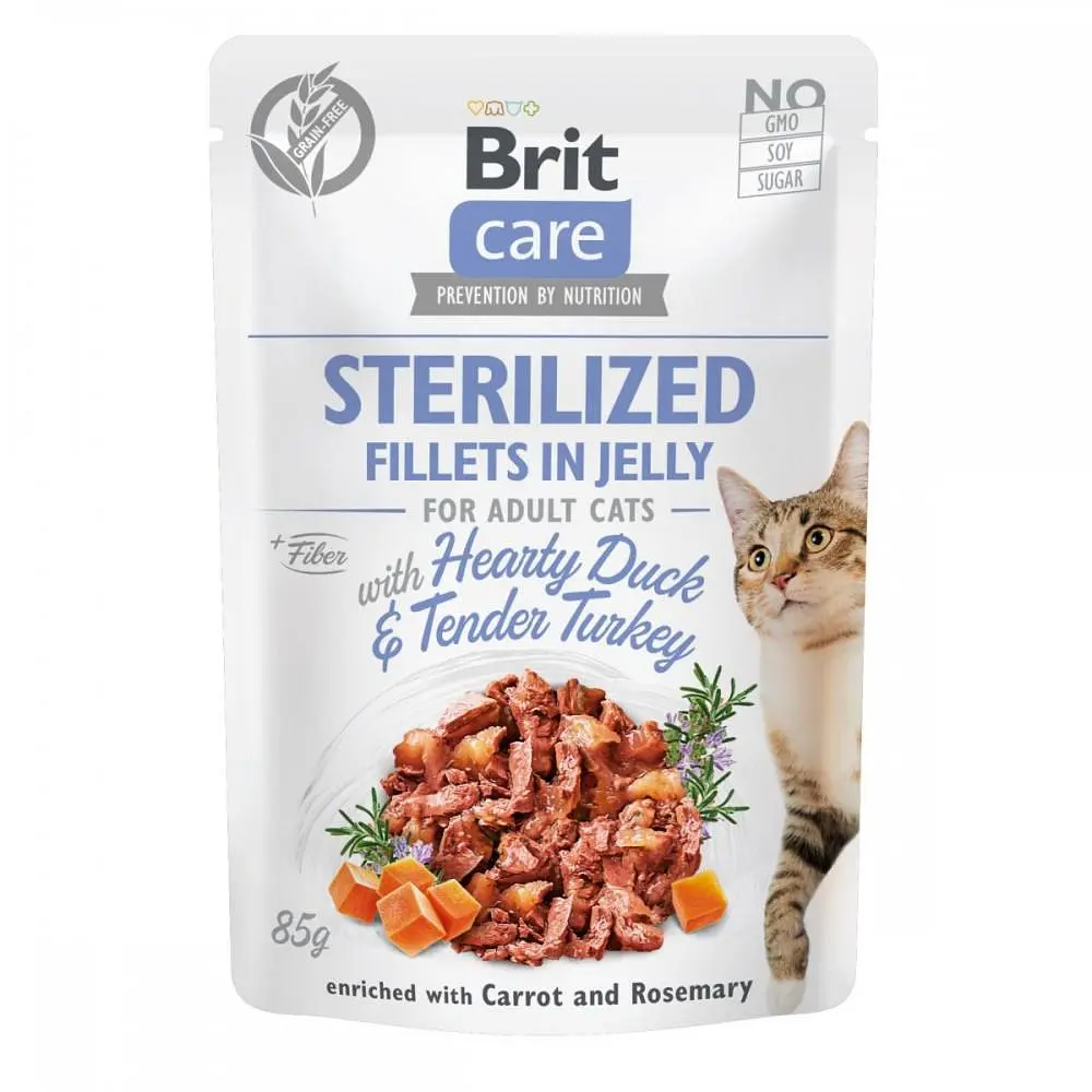 Вологий корм для кастрованих котів Brit Care Adult Sterilised Hearty Duck & Tender Turkey 85 г (качка та індичка в желе) - фото 2