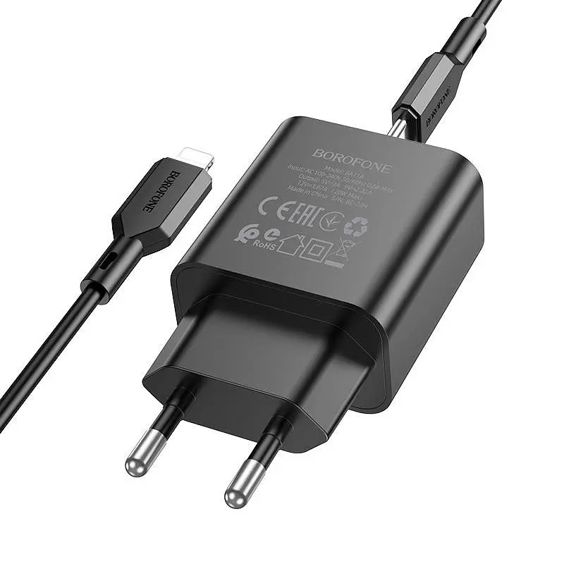 Адаптер сетевой BOROFONE Type-C to Lightning Cable Power single port charger set BA71A черный набор - фото 4