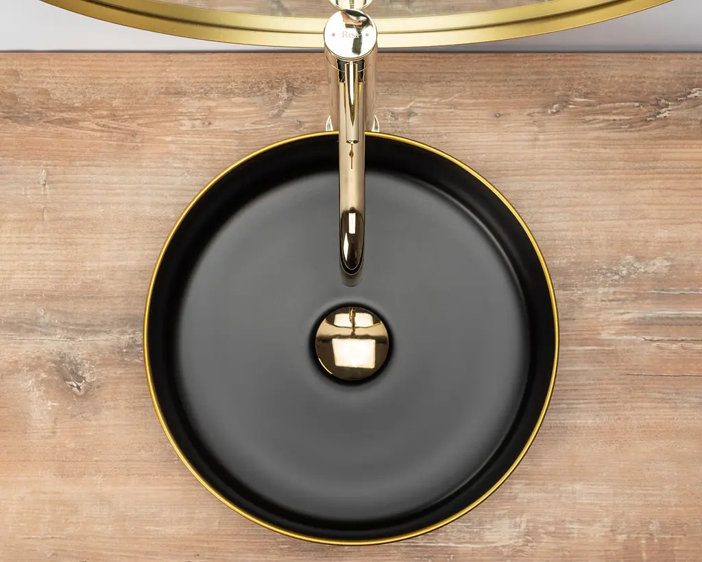 Умивальник Rea Sami black mat gold edge чорний REA-U0595, Чорний матовий - фото 5