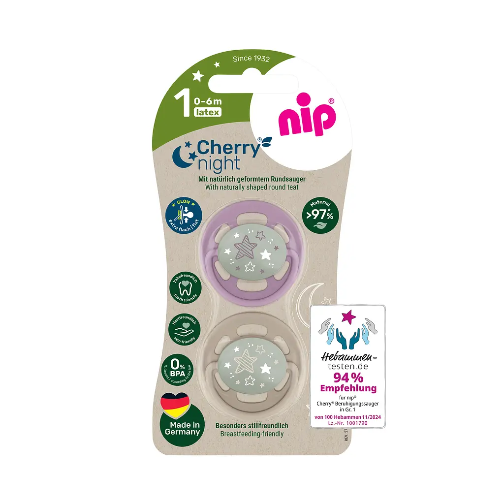 Пустушка латексна кругла для дітей 0–6 місяців NIP Cherry Night арт. 91034-52 2 шт. фіолетовий/бежевий