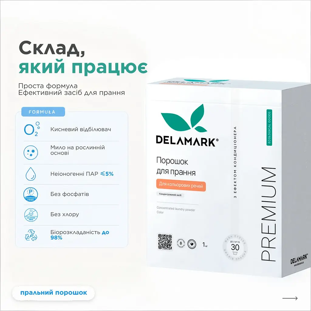 Концентрований безфосфатний пральний порошок Delamark Premium Line Color з ефектом кондиціонера 1 кг (4820152330970) - фото 2