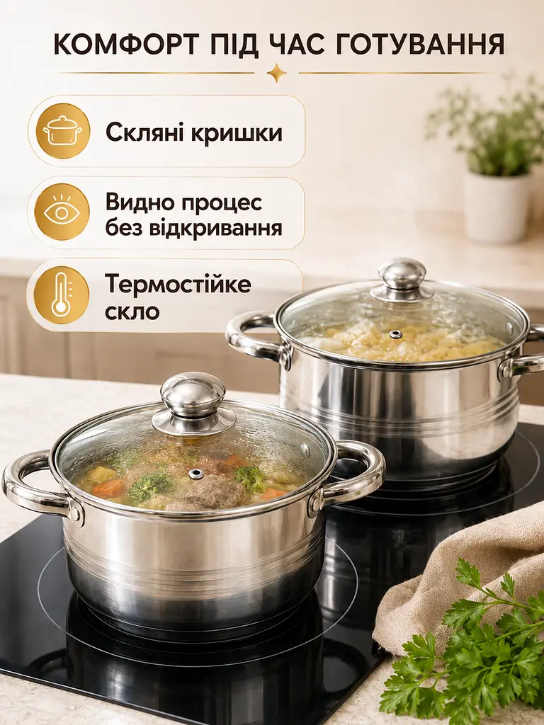 Набір каструль 8 предметів з нержавіючої сталі 16/18/20/24 см зі скляними кришками (49675918) - фото 4