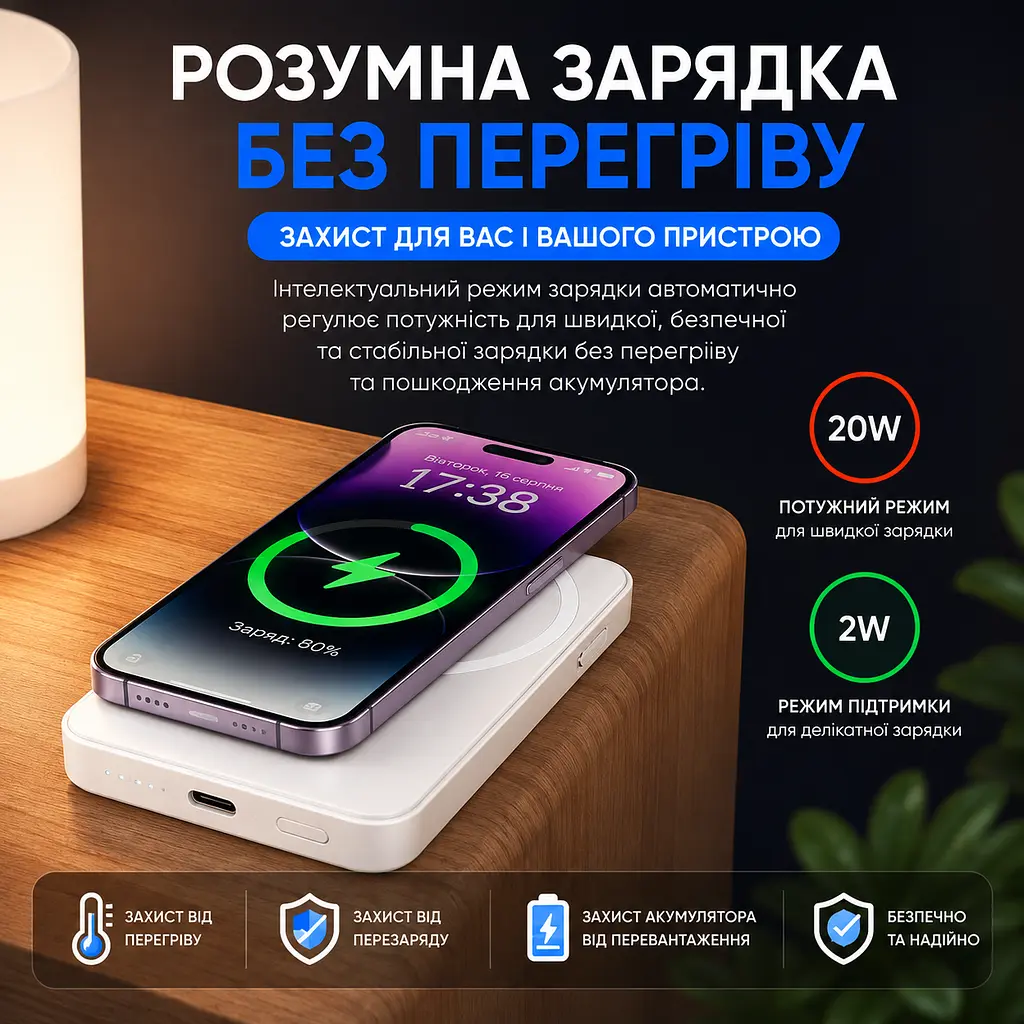 Магнітний повербанк MagSafe 5000 мА·год — ультратонкий, з двосторонньою зарядкою. Білий - фото 14