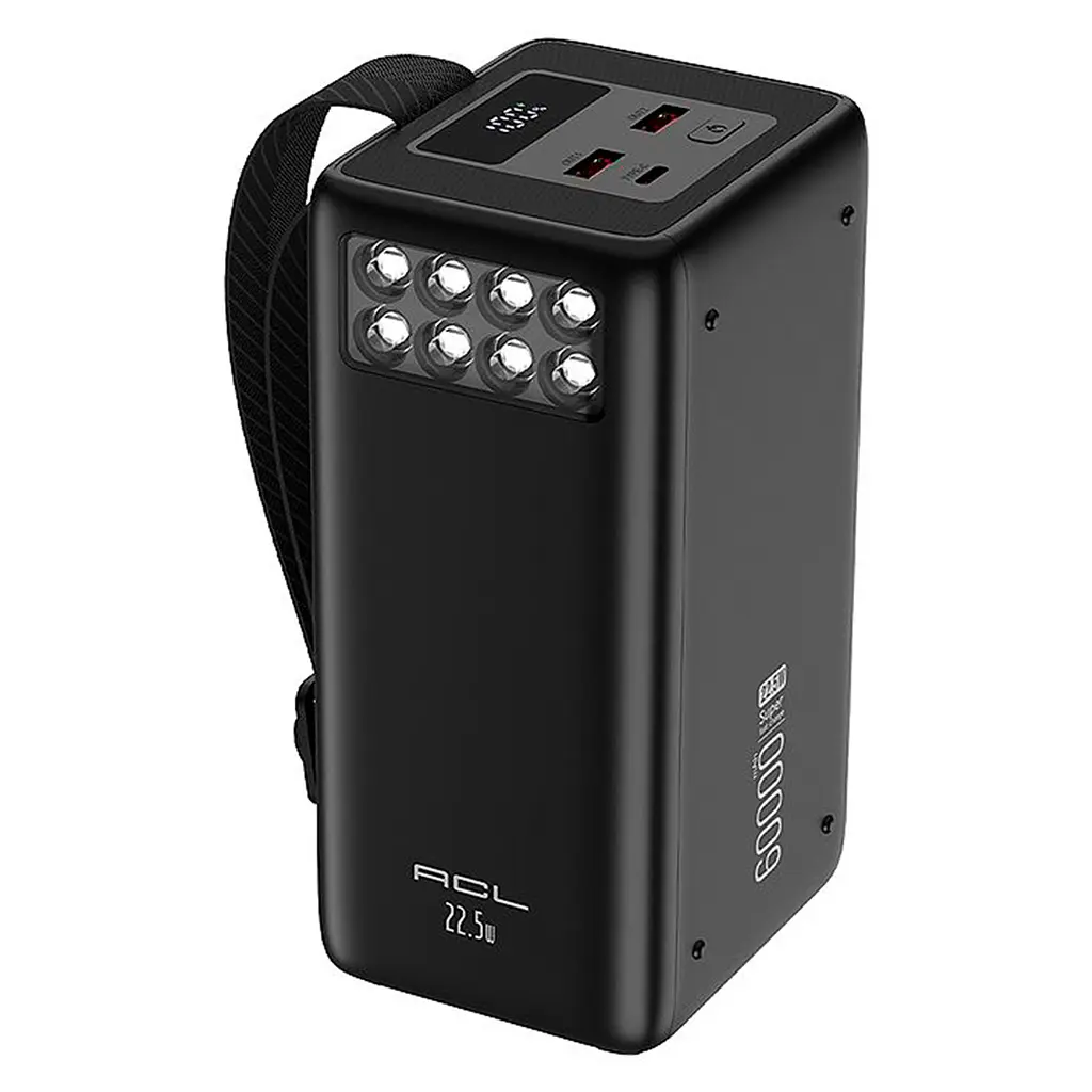 Павербанк ACL PW-151 Energy Max 60000 мА·год 22.5W Power Bank зі швидкою зарядкою PD 20W/QC, 3 вбудованими кабелями та LED-ліхтарем Чорний (UFTPW-151)
