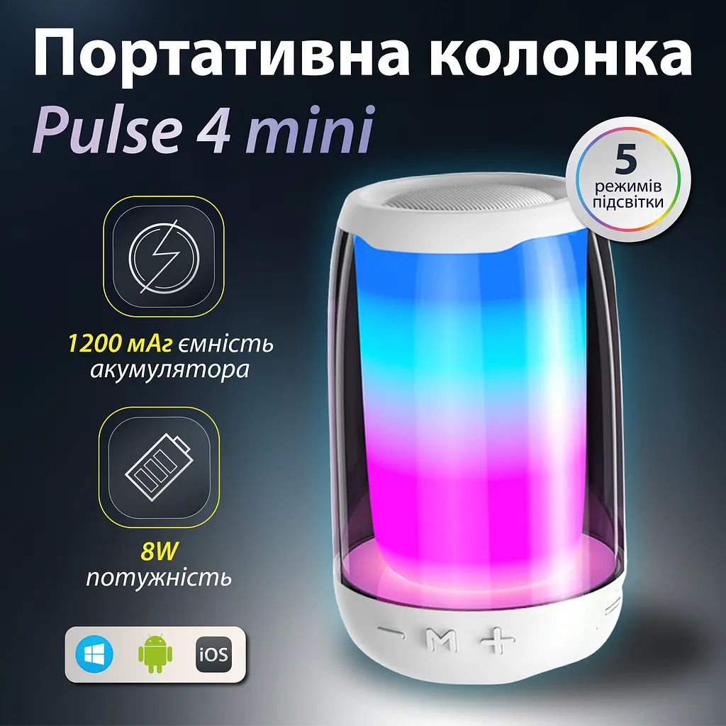 Портативная колонка Smart X 8893AW Pulse 4 mini BT/TF/FM/TWS/AUX/USB с подсветкой 5 Вт, белая - фото 4