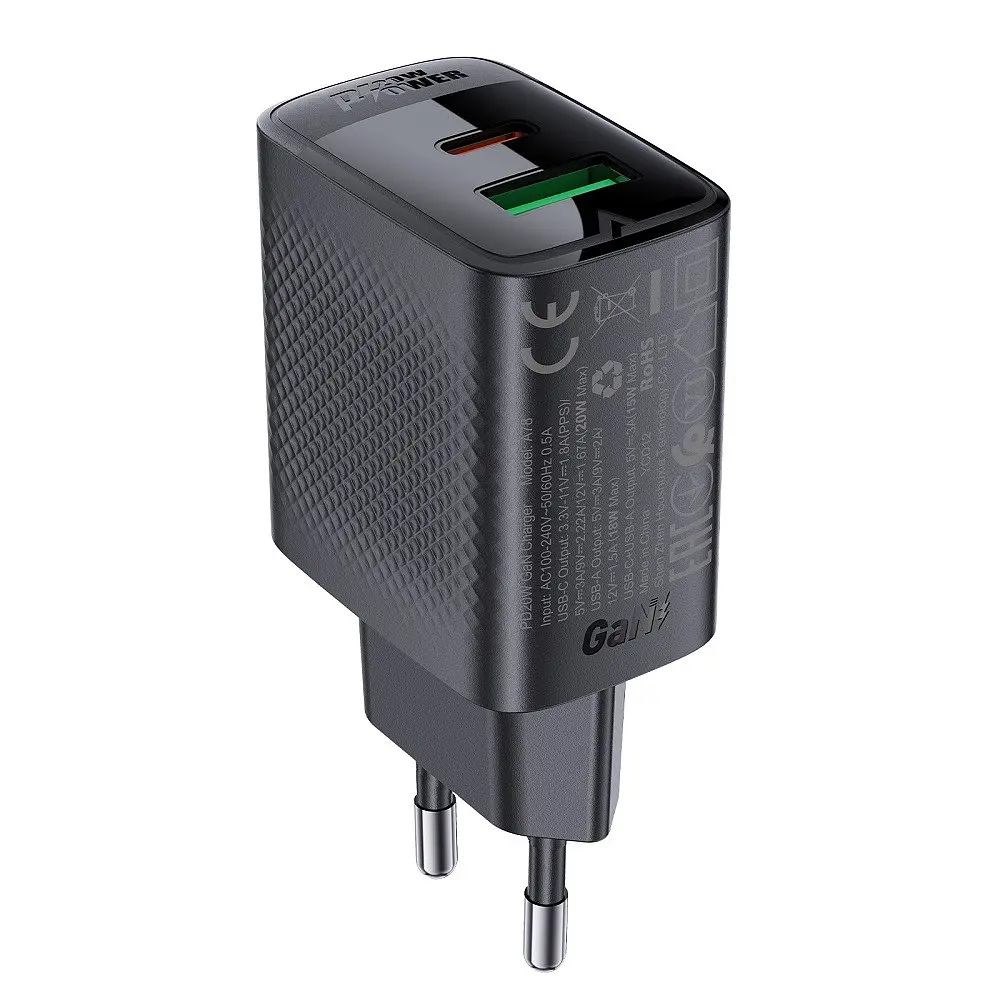 Сітчасте зарядне пристрій ACEFAST A78 PD20W GaN (USB-A+USB-C) charger чорний
